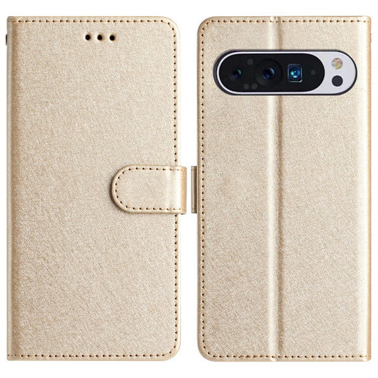For Google Pixel 9 / 9 Pro Case Silk Texture Anti-fall Leather Wallet Stand Smartphone Cover - Gold