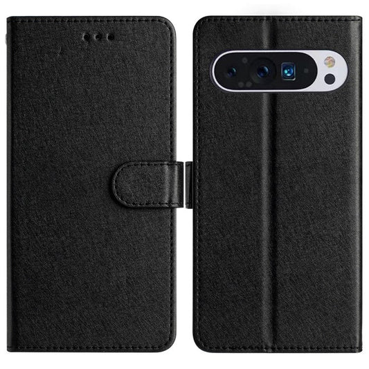 For Google Pixel 9 / 9 Pro Case Silk Texture Anti-fall Leather Wallet Stand Smartphone Cover - Black