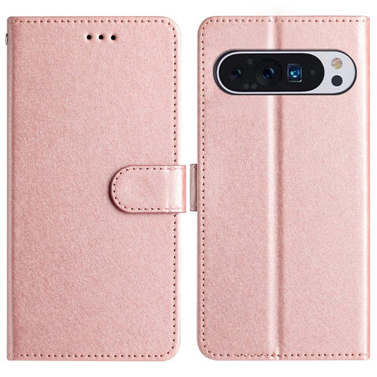 For Google Pixel 9 / 9 Pro Case Silk Texture Anti-fall Leather Wallet Stand Smartphone Cover - Rose Gold