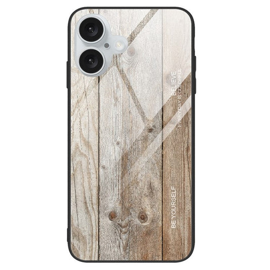 For iPhone 16 Plus Case TPU+Tempered Glass Back Phone Cover Wood Texture - Grey