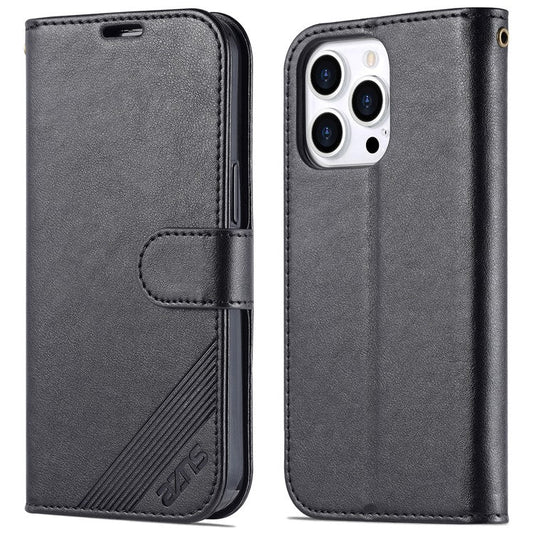 AZNS For iPhone 16 Pro Stand Case Anti-Drop PU Leather Wallet Phone Cover - Black
