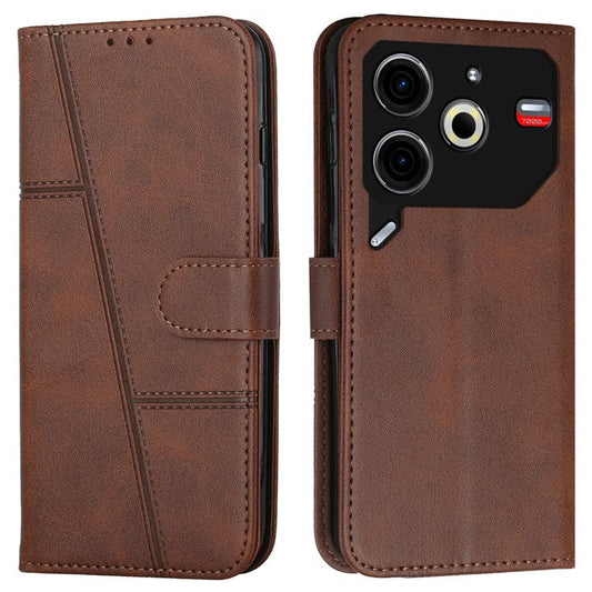 For TECNO Pova 6 Neo Case Magnetic Clasp Stand Leather Phone Cover Line Decor - Brown
