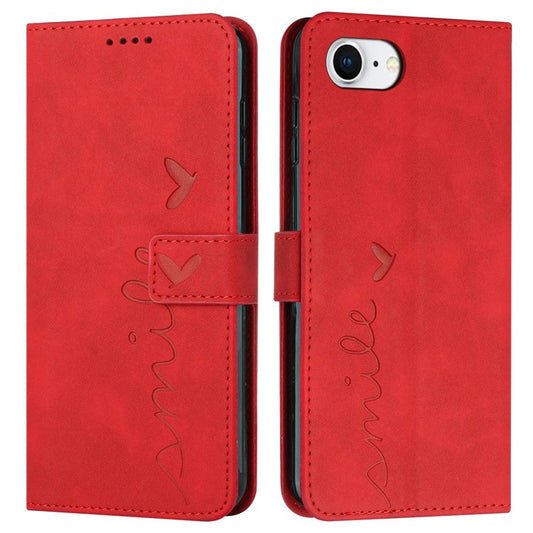 For iPhone 16e Case PU Leather Wallet Phone Cover Smile Love Heart Pattern - Red