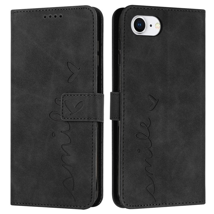 For iPhone 16e Case PU Leather Wallet Phone Cover Smile Love Heart Pattern - Black