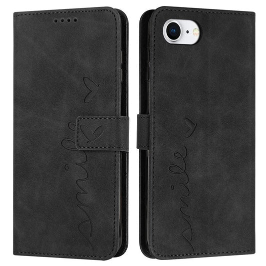 For iPhone 16e Case PU Leather Wallet Phone Cover Smile Love Heart Pattern - Black
