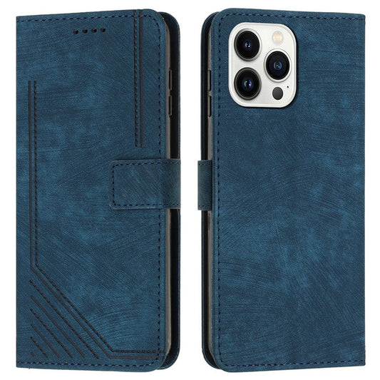 For iPhone 16 Pro Case Lines Pattern Skin-touch Phone Leather Cover - Sapphire