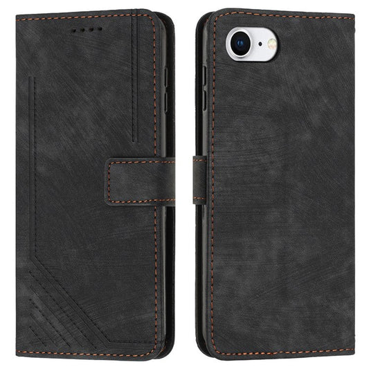 For iPhone 16e Case Lines Pattern Skin-Touch Leather Wallet Phone Cover - Black