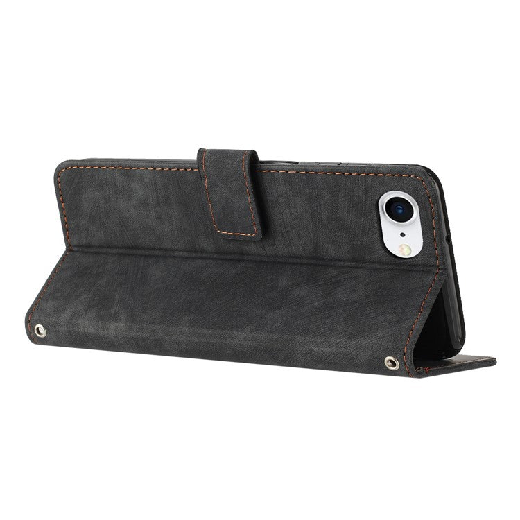 For iPhone 16e Case Lines Pattern Skin-Touch Leather Wallet Phone Cover - Black