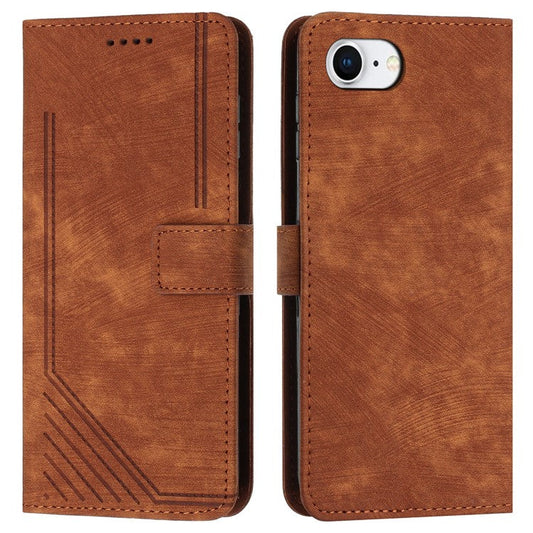 For iPhone 16e Case Lines Pattern Skin-Touch Leather Wallet Phone Cover - Brown