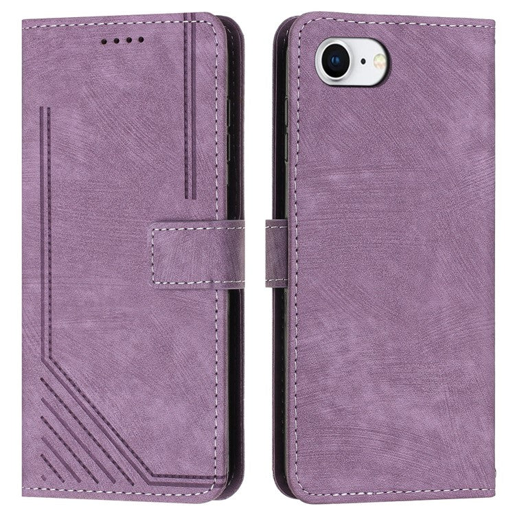 For iPhone 16e Case Lines Pattern Skin-Touch Leather Wallet Phone Cover - Purple