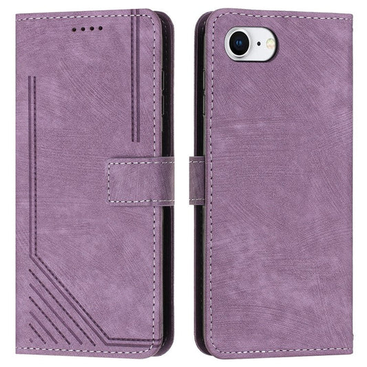 For iPhone 16e Case Lines Pattern Skin-Touch Leather Wallet Phone Cover - Purple