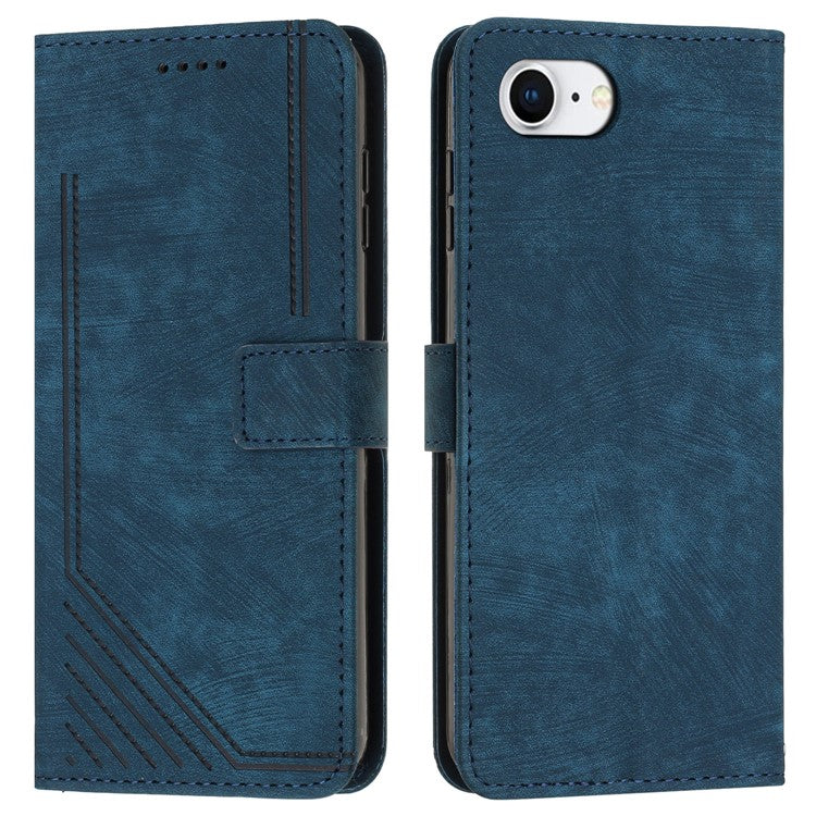 For iPhone 16e Case Lines Pattern Skin-Touch Leather Wallet Phone Cover - Sapphire
