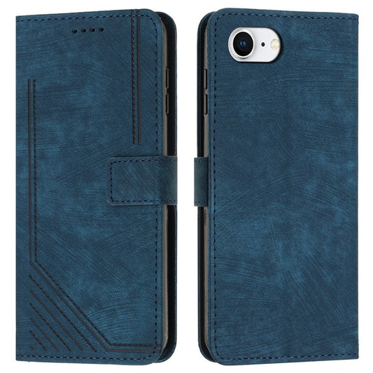 For iPhone 16e Case Lines Pattern Skin-Touch Leather Wallet Phone Cover - Sapphire