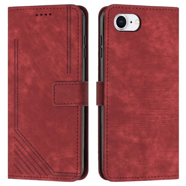 For iPhone 16e Case Lines Pattern Skin-Touch Leather Wallet Phone Cover - Red