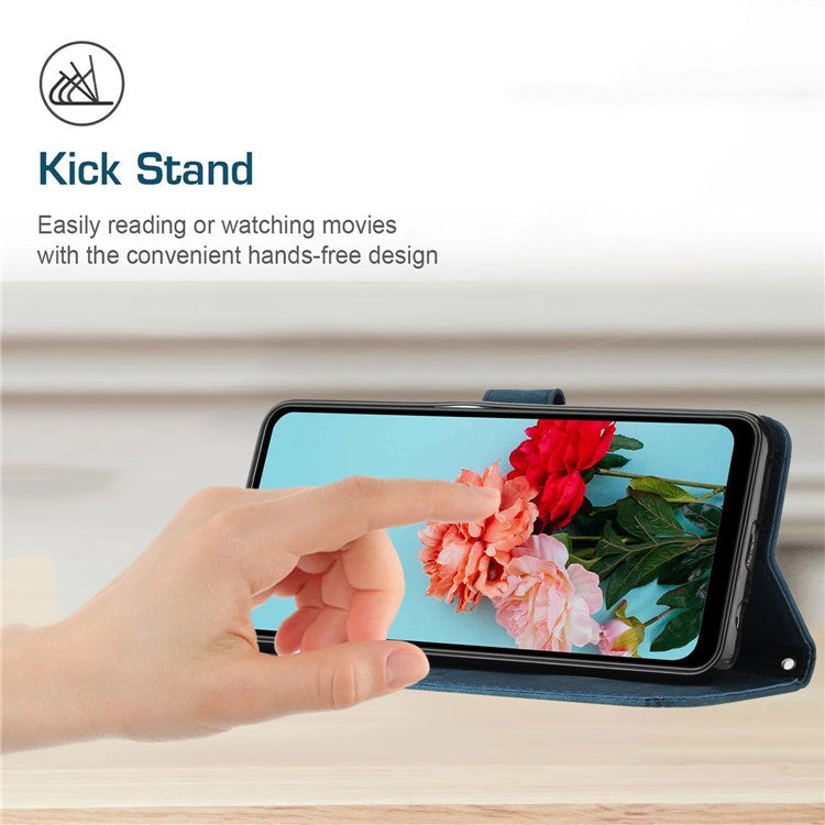 For iPhone 16 Case Lines Pattern Leather Phone Cover Card Holder Stand Wrist Strap - Sapphire