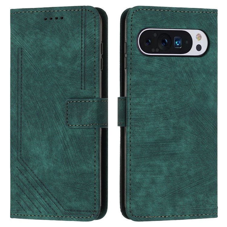 For Google Pixel 9 Pro XL Case Lines Imprinted Folio Flip Leather Phone Cover - Green