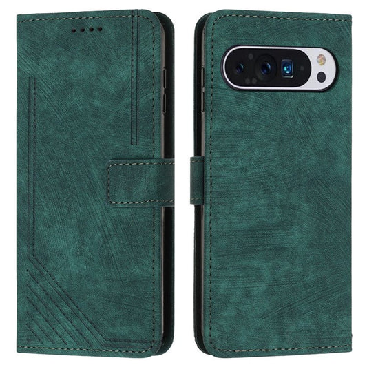 For Google Pixel 9 / Pixel 9 Pro Case Lines Leather Skin-touch Phone Cover Stand Function - Green