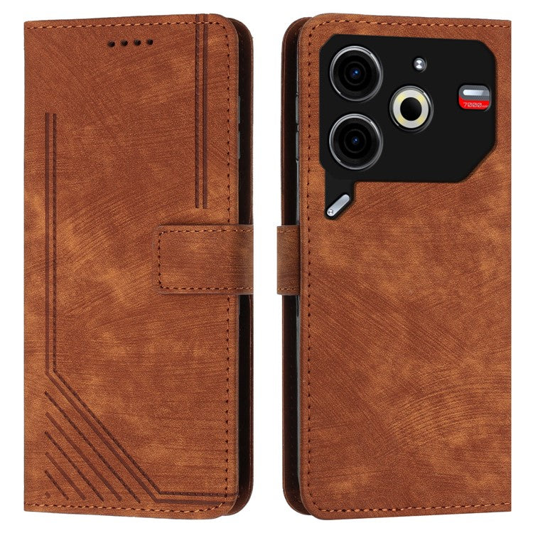 For TECNO Pova 6 Neo Case Lines Skin-Friendly Leather Flip Wallet Phone Cover - Brown