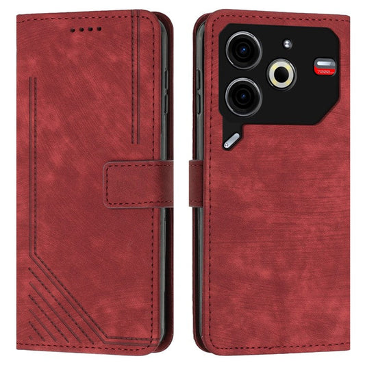For TECNO Pova 6 Neo Case Lines Skin-Friendly Leather Flip Wallet Phone Cover - Red