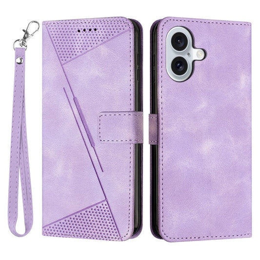 For iPhone 16 Case Triangle Pattern PU Leather+TPU Phone Cover Phone Cover Hand Strap Stand - Purple