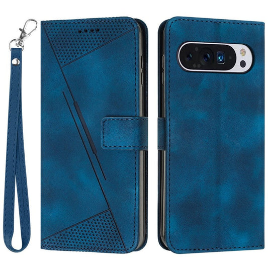 For Google Pixel 9 / Pixel 9 Pro Phone Case Purse  Triangle Pattern Leather Handbag Phone Cover - Sapphire