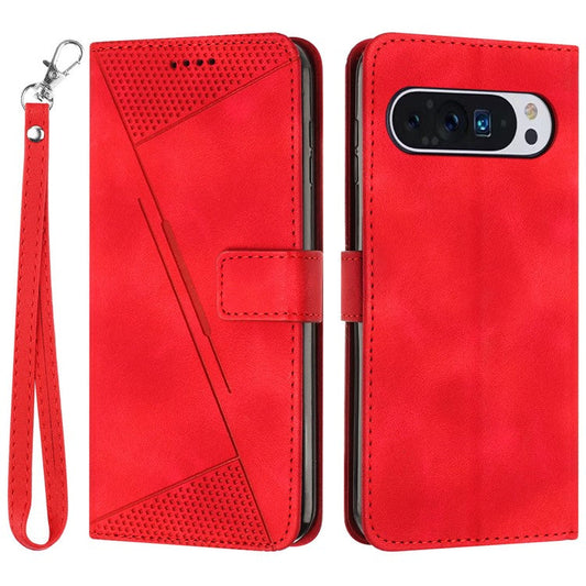 For Google Pixel 9 / Pixel 9 Pro Phone Case Purse  Triangle Pattern Leather Handbag Phone Cover - Red