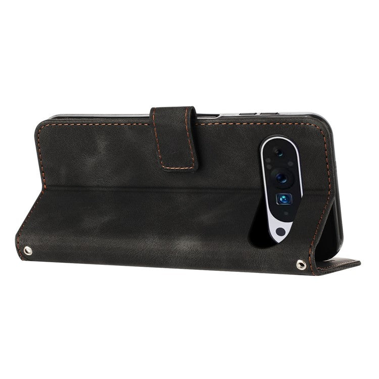 For Google Pixel 9 / Pixel 9 Pro Phone Case Purse  Triangle Pattern Leather Handbag Phone Cover - Black