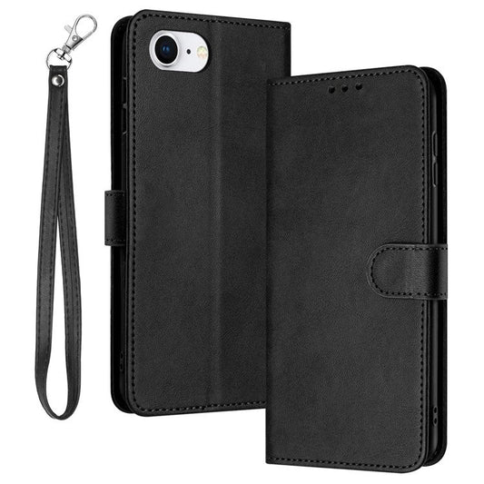 For iPhone 16e Case Calf Texture Leather Wallet Shockproof Flip Cover with Hand Strap - Black