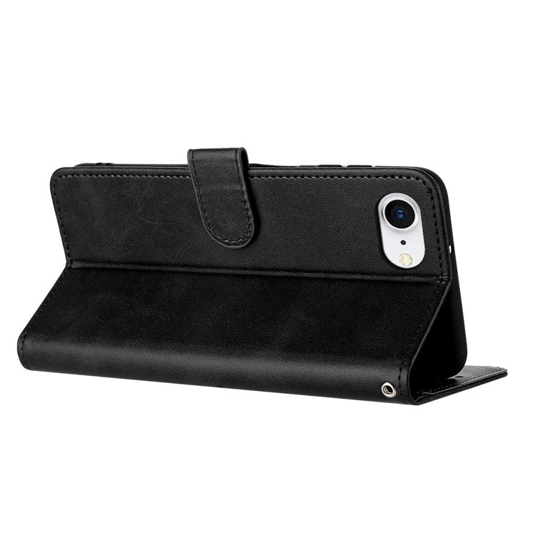 For iPhone 16e Case Calf Texture Leather Wallet Shockproof Flip Cover with Hand Strap - Black