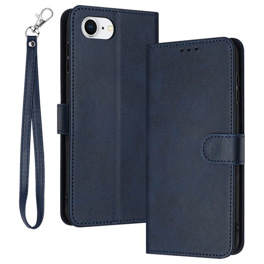 For iPhone 16e Case Calf Texture Leather Wallet Shockproof Flip Cover with Hand Strap - Sapphire