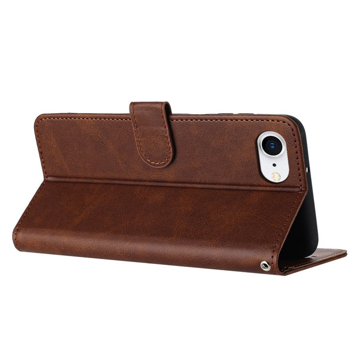 For iPhone 16e Case Calf Texture Leather Wallet Shockproof Flip Cover with Hand Strap - Brown
