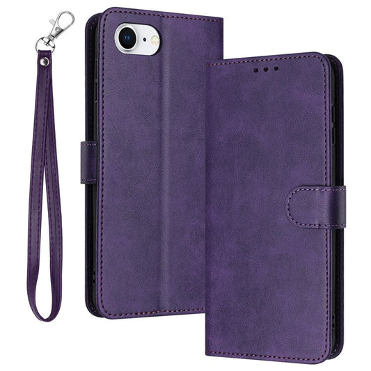 For iPhone 16e Case Calf Texture Leather Wallet Shockproof Flip Cover with Hand Strap - Purple