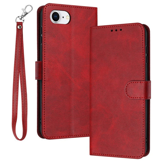 For iPhone 16e Case Calf Texture Leather Wallet Shockproof Flip Cover with Hand Strap - Red