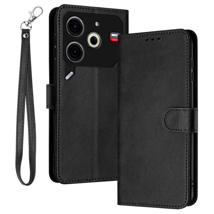 For TECNO Pova 6 Neo Case Calf Texture Leather Phone Cover with Card Holders Stand Hand Strap - Black