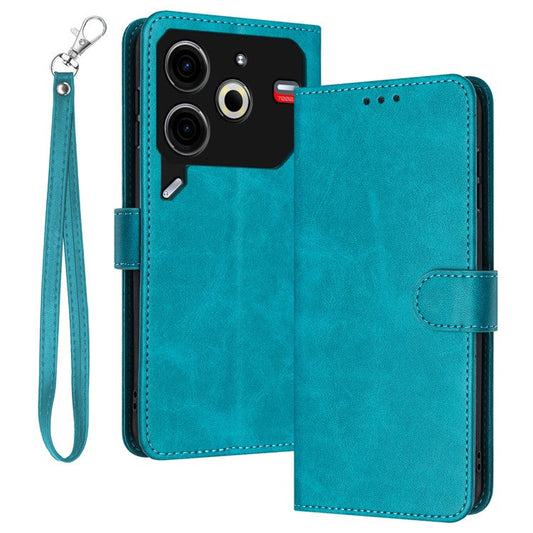 For TECNO Pova 6 Neo Case Calf Texture Leather Phone Cover with Card Holders Stand Hand Strap - Green