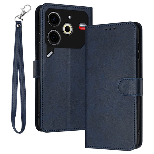 For TECNO Pova 6 Neo Case Calf Texture Leather Phone Cover with Card Holders Stand Hand Strap - Sapphire