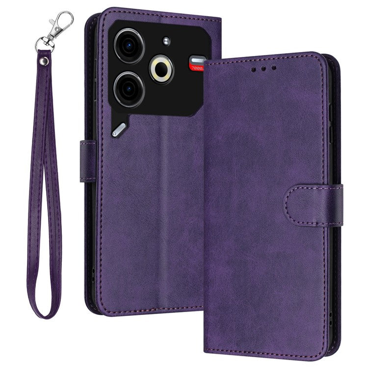 For TECNO Pova 6 Neo Case Calf Texture Leather Phone Cover with Card Holders Stand Hand Strap - Purple