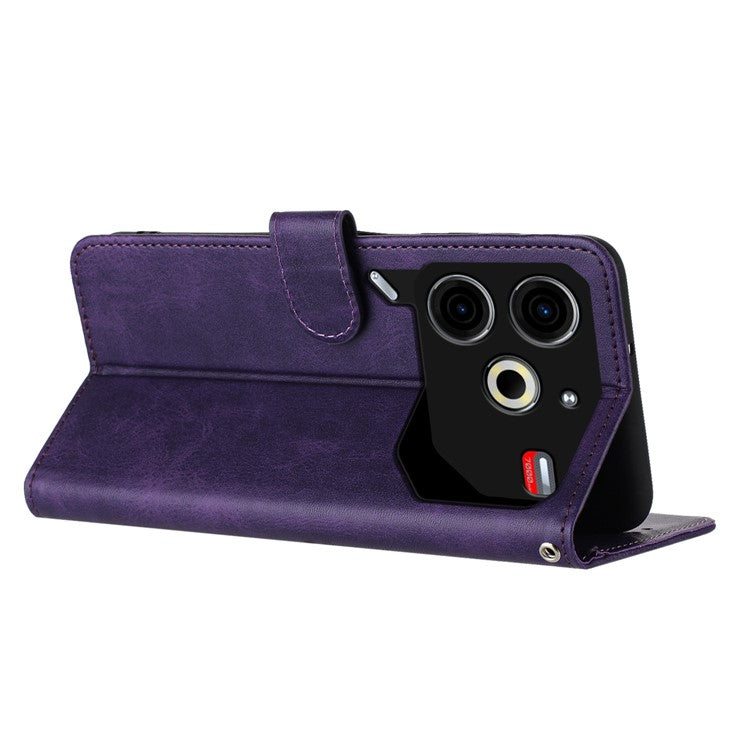 For TECNO Pova 6 Neo Case Calf Texture Leather Phone Cover with Card Holders Stand Hand Strap - Purple