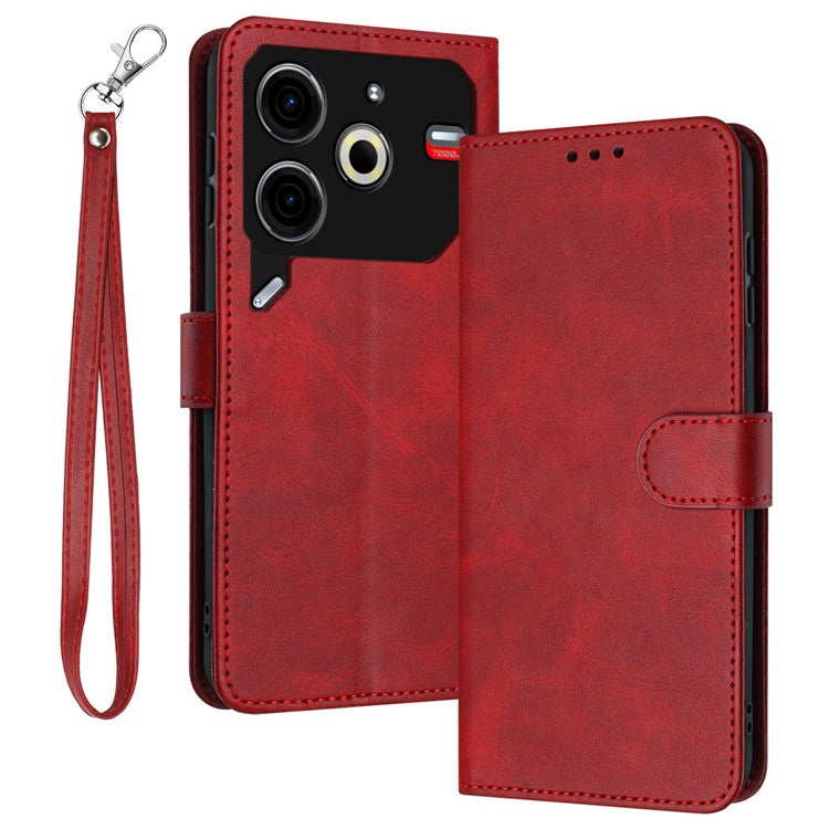 For TECNO Pova 6 Neo Case Calf Texture Leather Phone Cover with Card Holders Stand Hand Strap - Red
