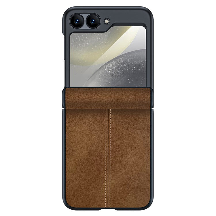 For Samsung Galaxy Z Flip6 5G Case Hinge Leather+PC Phone Cover with Rear Screen Film - Brown