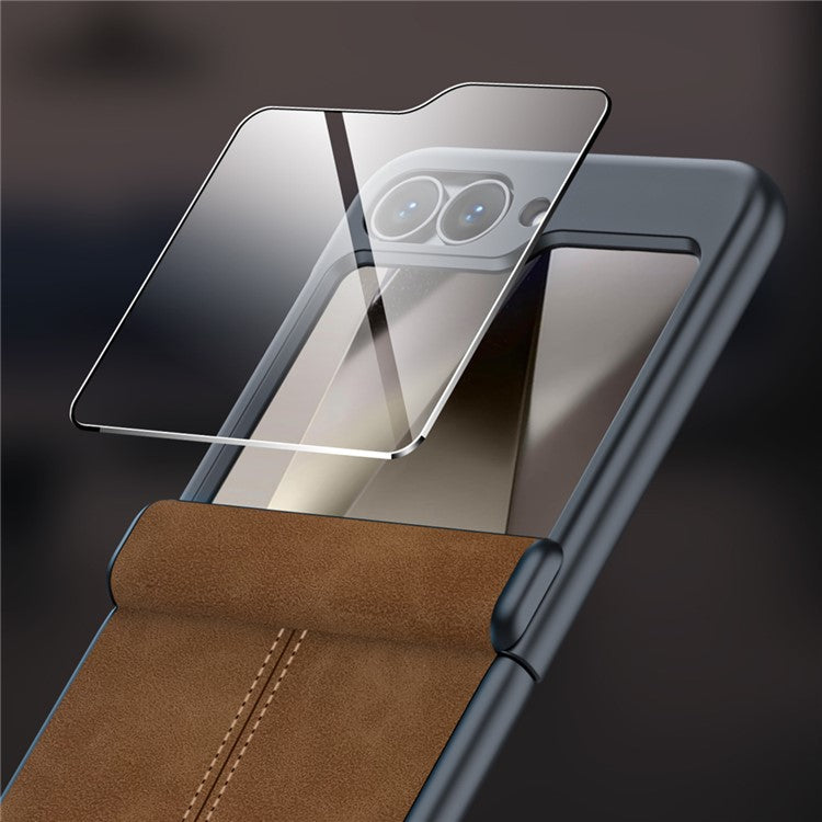 For Samsung Galaxy Z Flip6 5G Case Hinge Leather+PC Phone Cover with Rear Screen Film - Brown