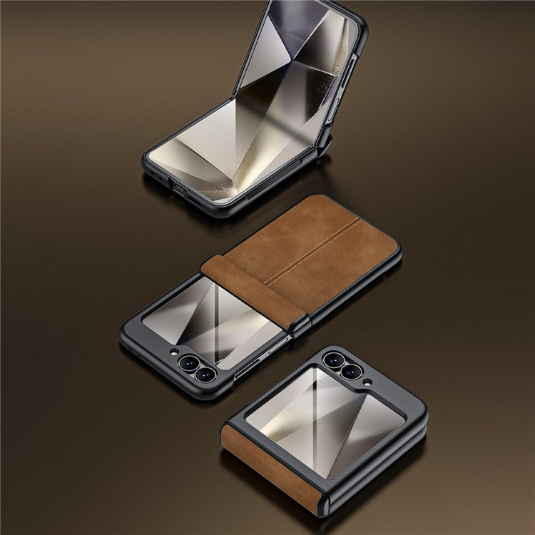 For Samsung Galaxy Z Flip6 5G Case Hinge Leather+PC Phone Cover with Rear Screen Film - Brown