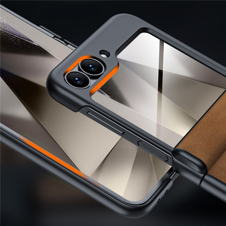 For Samsung Galaxy Z Flip6 5G Case Hinge Leather+PC Phone Cover with Rear Screen Film - Brown