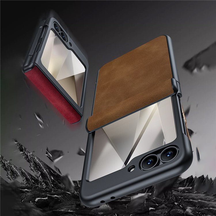 For Samsung Galaxy Z Flip6 5G Case Hinge Leather+PC Phone Cover with Rear Screen Film - Brown
