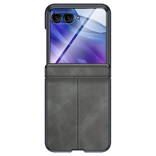 For Motorola Razr 50 Ultra 5G Case Leather Hard PC Phone Cover with Rear Screen Film / Hinge - Grey