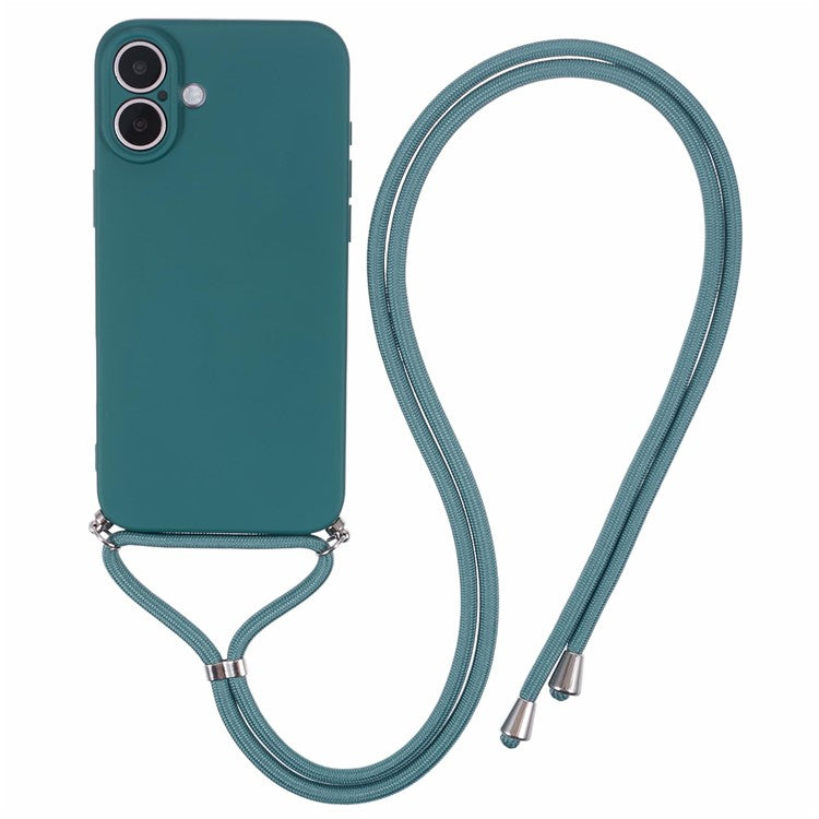 For iPhone 16 Case TPU Fiber Lining Scratch-Resistant Phone Cover with Necklace Cord Strap - Army Green