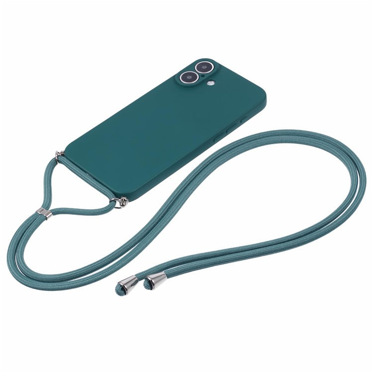 For iPhone 16 Case TPU Fiber Lining Scratch-Resistant Phone Cover with Necklace Cord Strap - Army Green