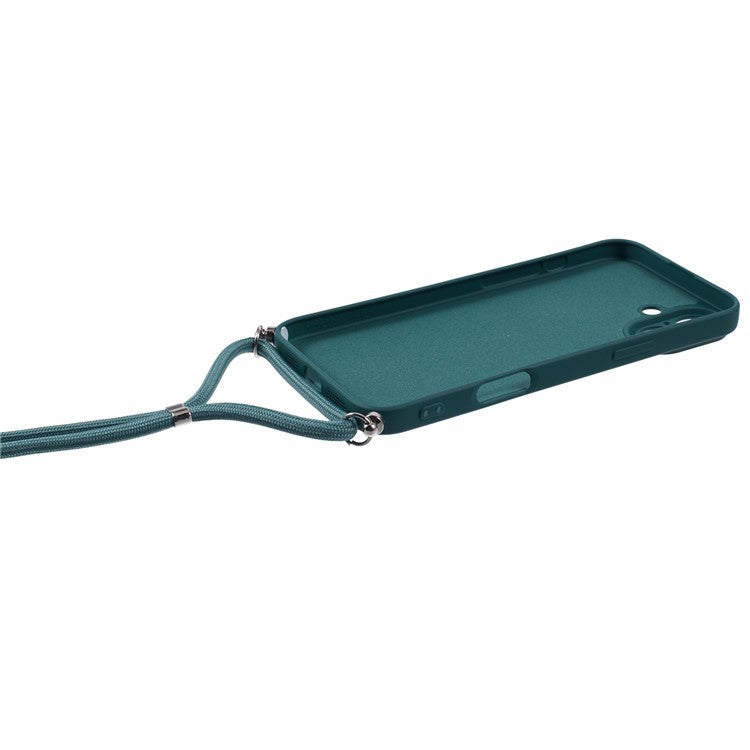 For iPhone 16 Case TPU Fiber Lining Scratch-Resistant Phone Cover with Necklace Cord Strap - Army Green