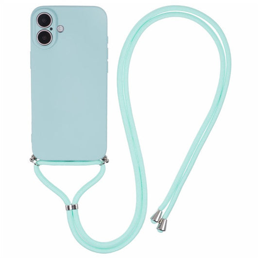 For iPhone 16 Case TPU Fiber Lining Scratch-Resistant Phone Cover with Necklace Cord Strap - Baby Blue