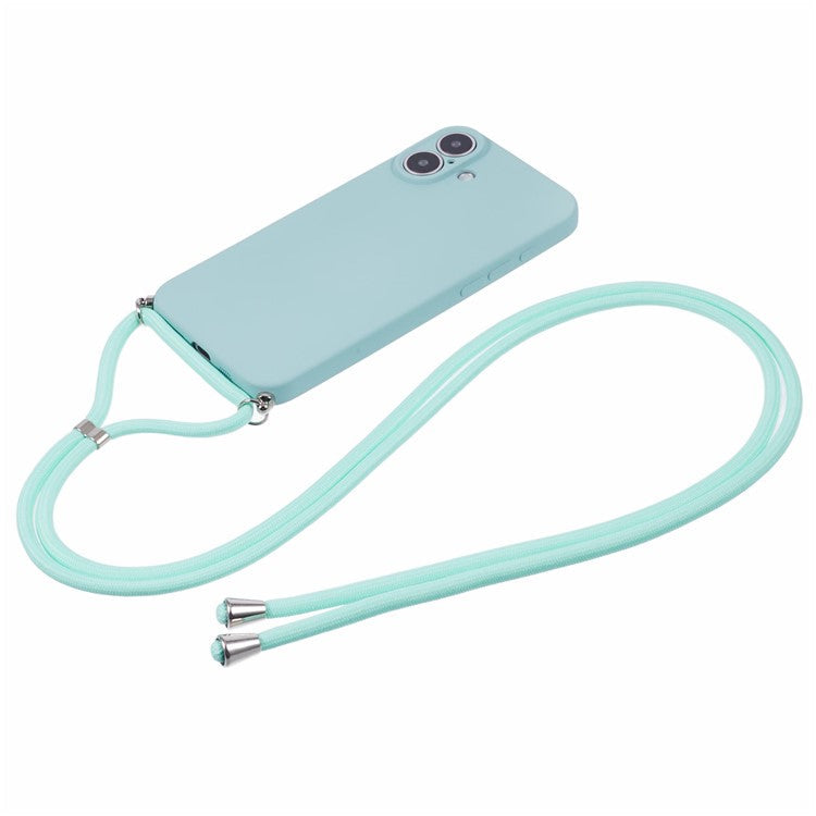 For iPhone 16 Case TPU Fiber Lining Scratch-Resistant Phone Cover with Necklace Cord Strap - Baby Blue